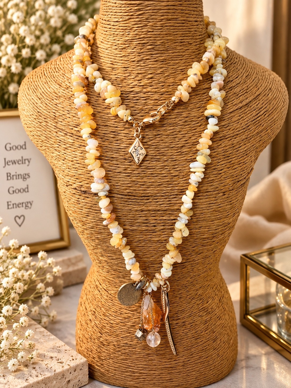Handcrafted Yellow Beaded Layered Necklace with Charms